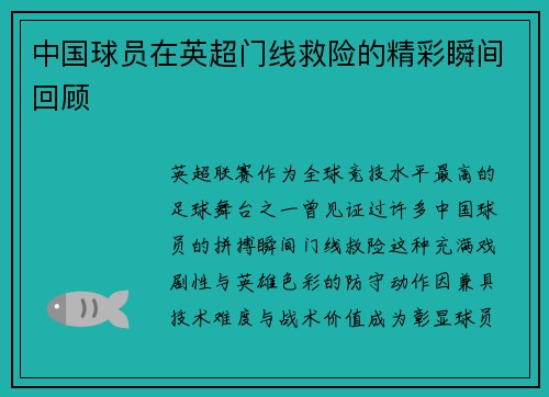 中国球员在英超门线救险的精彩瞬间回顾